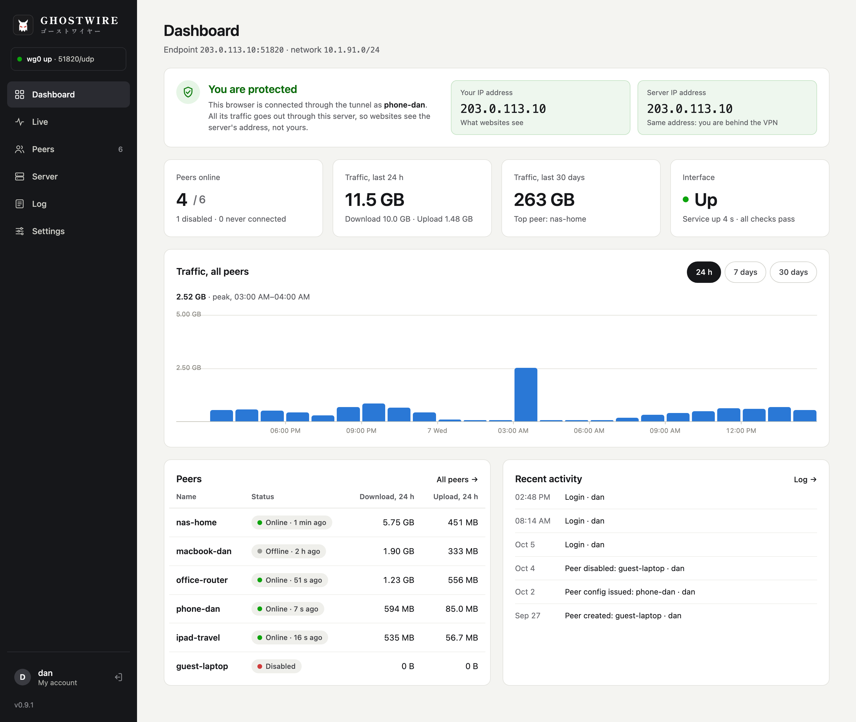 Dashboard with the protection check, peers online, traffic of the last 24 hours, the peer list and recent activity