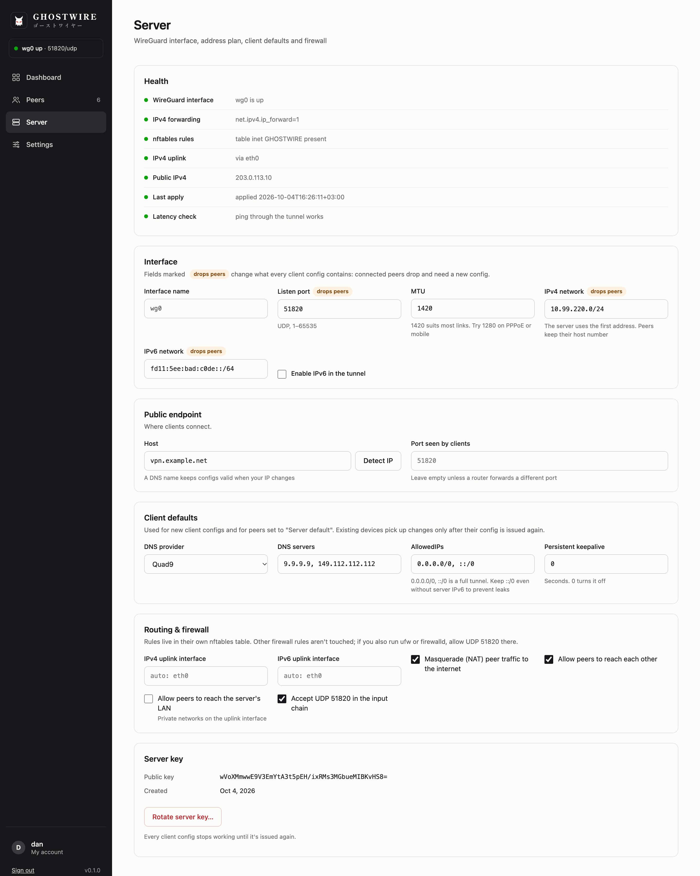 Server page with health checks, interface, endpoint, client defaults and firewall