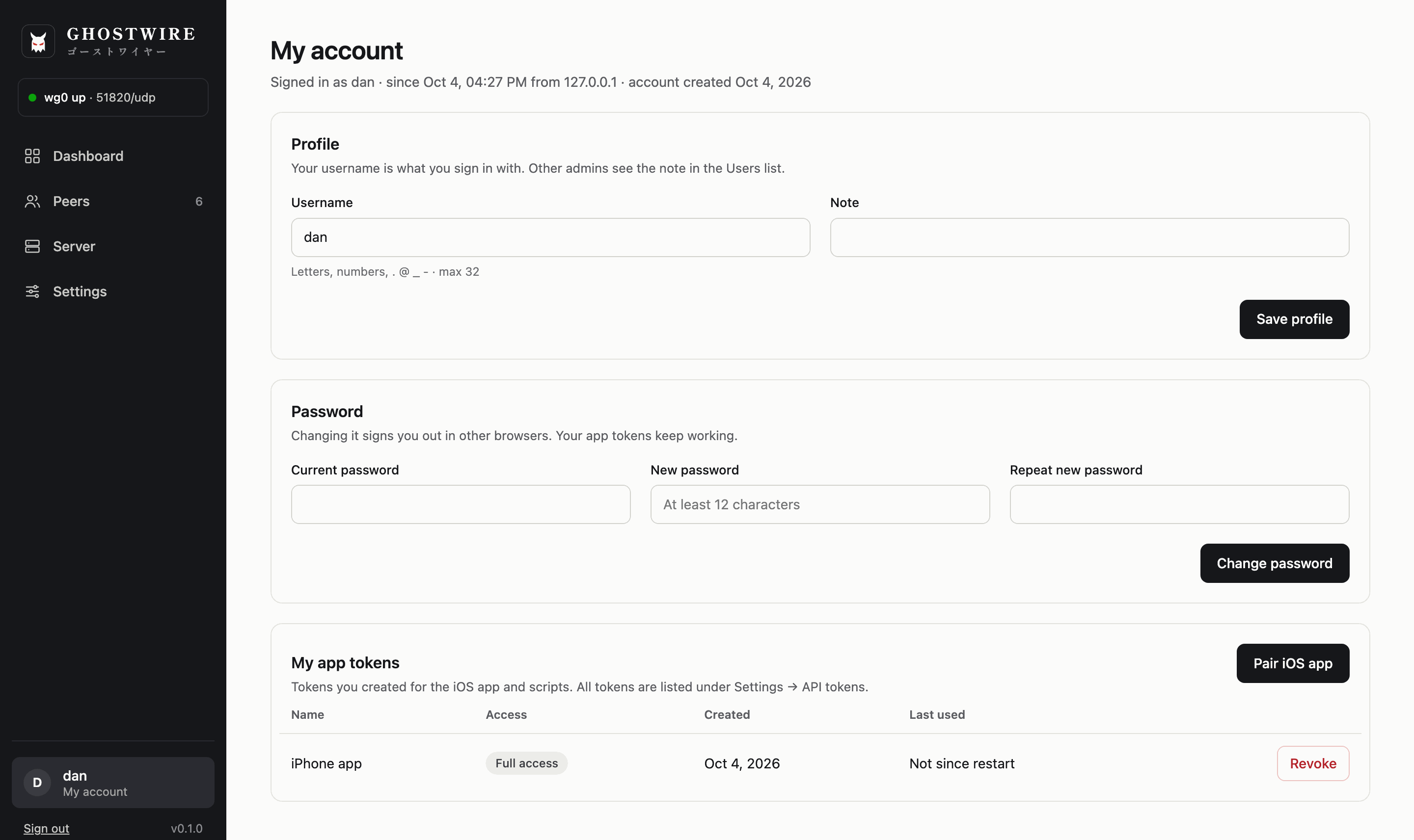My account page with profile, password and own app tokens