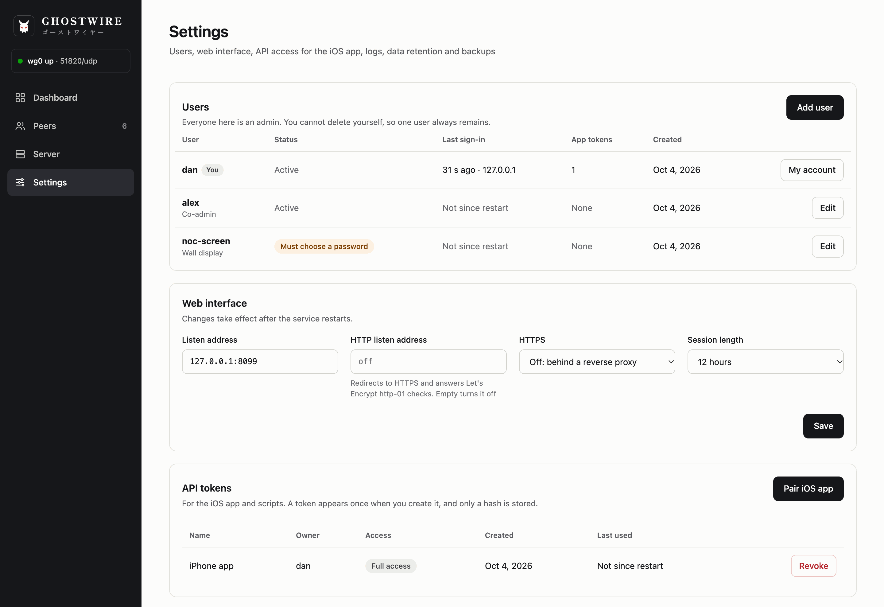 Settings with users, web interface and API tokens
